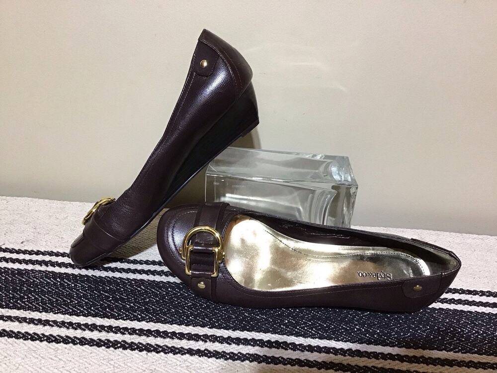 STYLE & CO Y2K Fergie Brown Leather Gold Buckle Low Wedge Sz 7 Academia Retro
